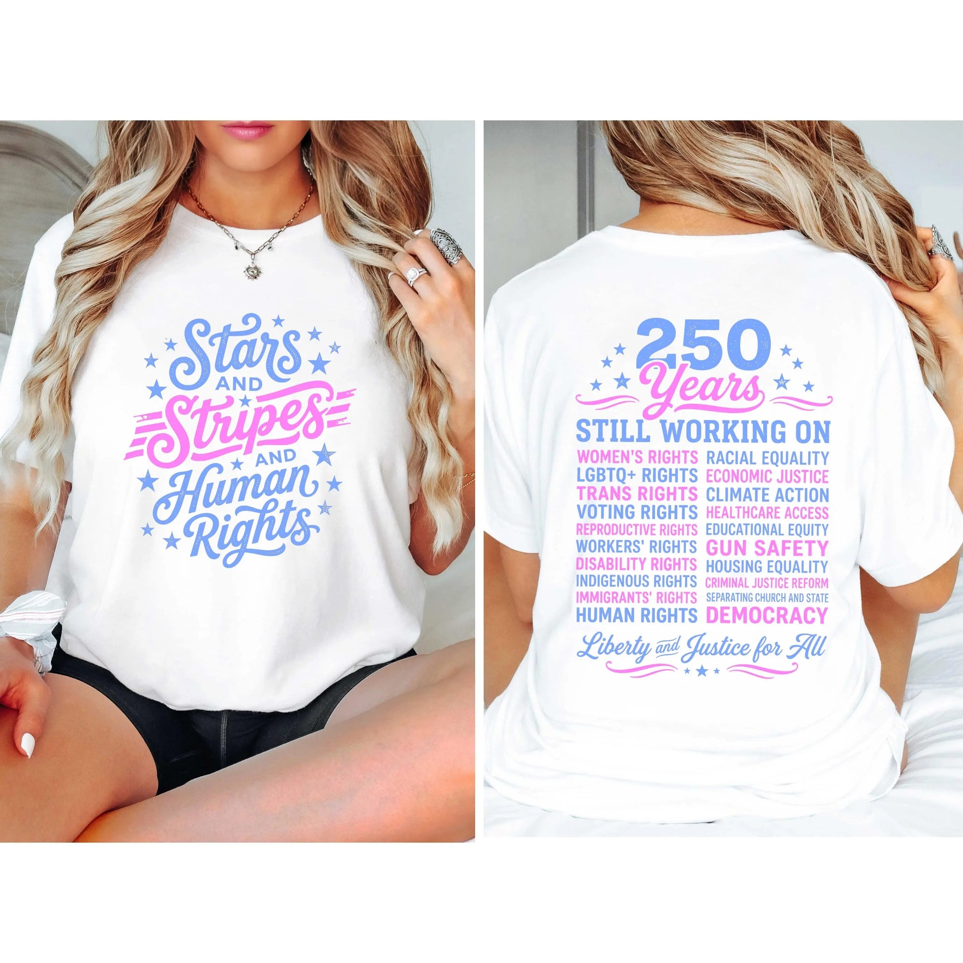 Stars and Stripes and Human Rights Graphic Tee, 250 Years America Still Working on Social Justice