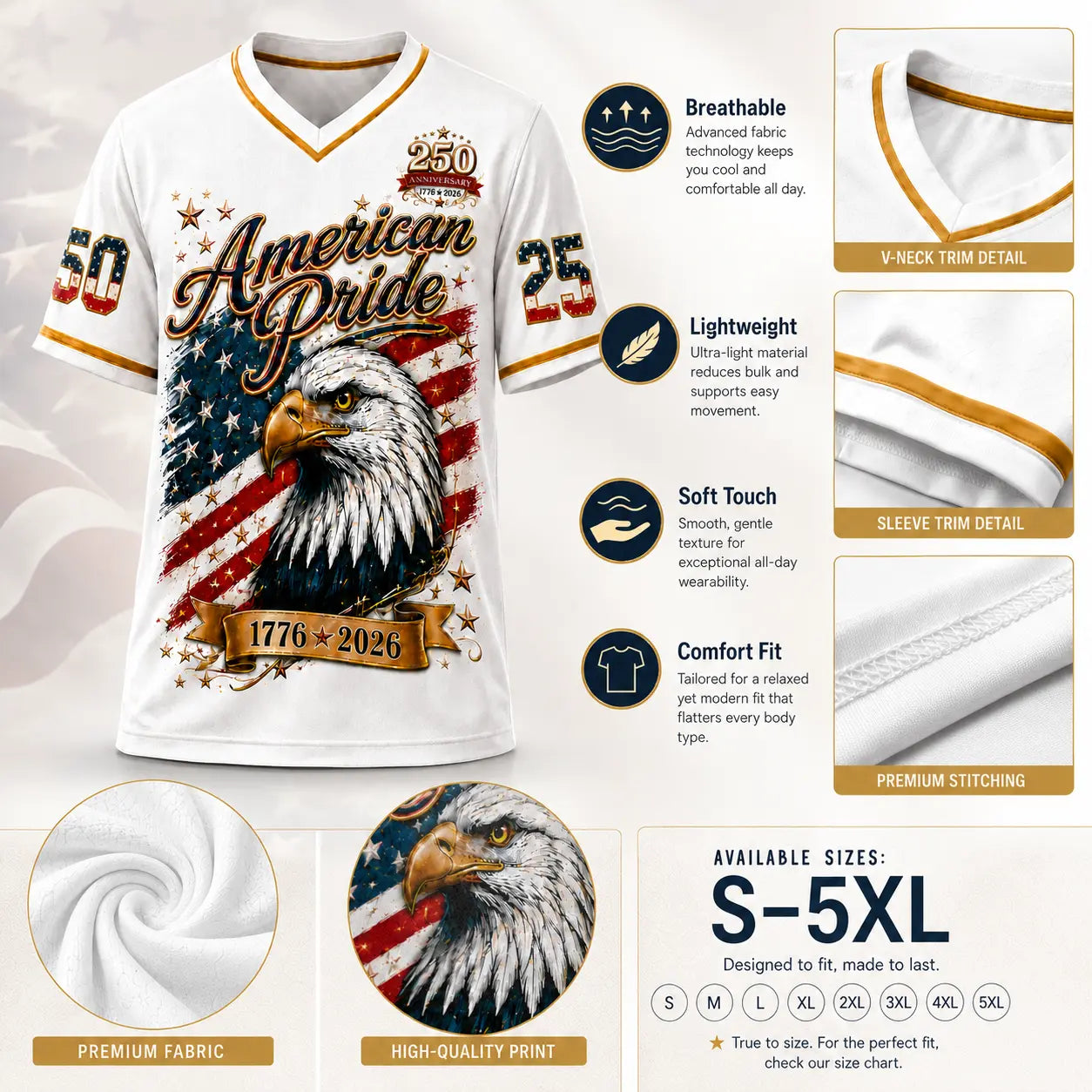 USA 250Th Anniversary Baseball Jersey - America 250Th Shirt, 1776-2026 Eagle Vintage Flag Commemorative Athletic Streetwear, 4Th of July Outfits, Patriotic Button-Down Apparel, Men'S & Women'S Patriotic Apparel Gift