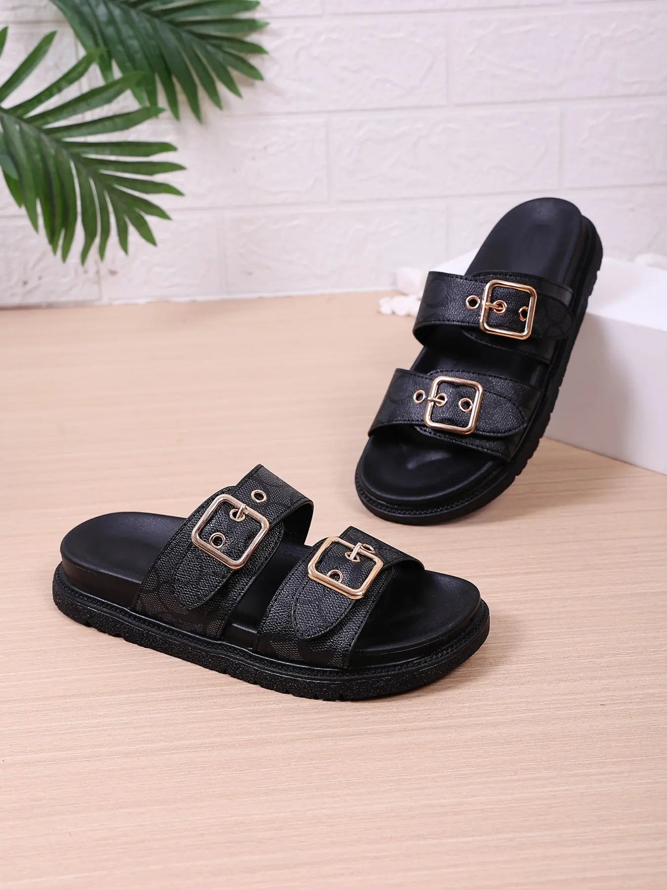 Women'S Fashion Thick Sole Rubber Print Sandals, Dual Buckle Design Slippers, Casual Comfortable, Ideal for Daily Wear, Beach Vacation, Commute