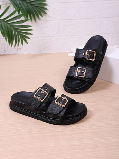 Women'S Fashion Thick Sole Rubber Print Sandals, Dual Buckle Design Slippers, Casual Comfortable, Ideal for Daily Wear, Beach Vacation, Commute