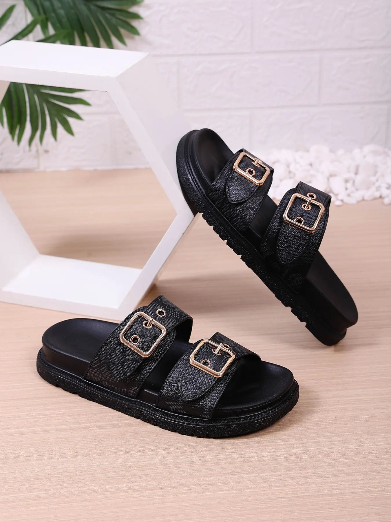 Women'S Fashion Thick Sole Rubber Print Sandals, Dual Buckle Design Slippers, Casual Comfortable, Ideal for Daily Wear, Beach Vacation, Commute