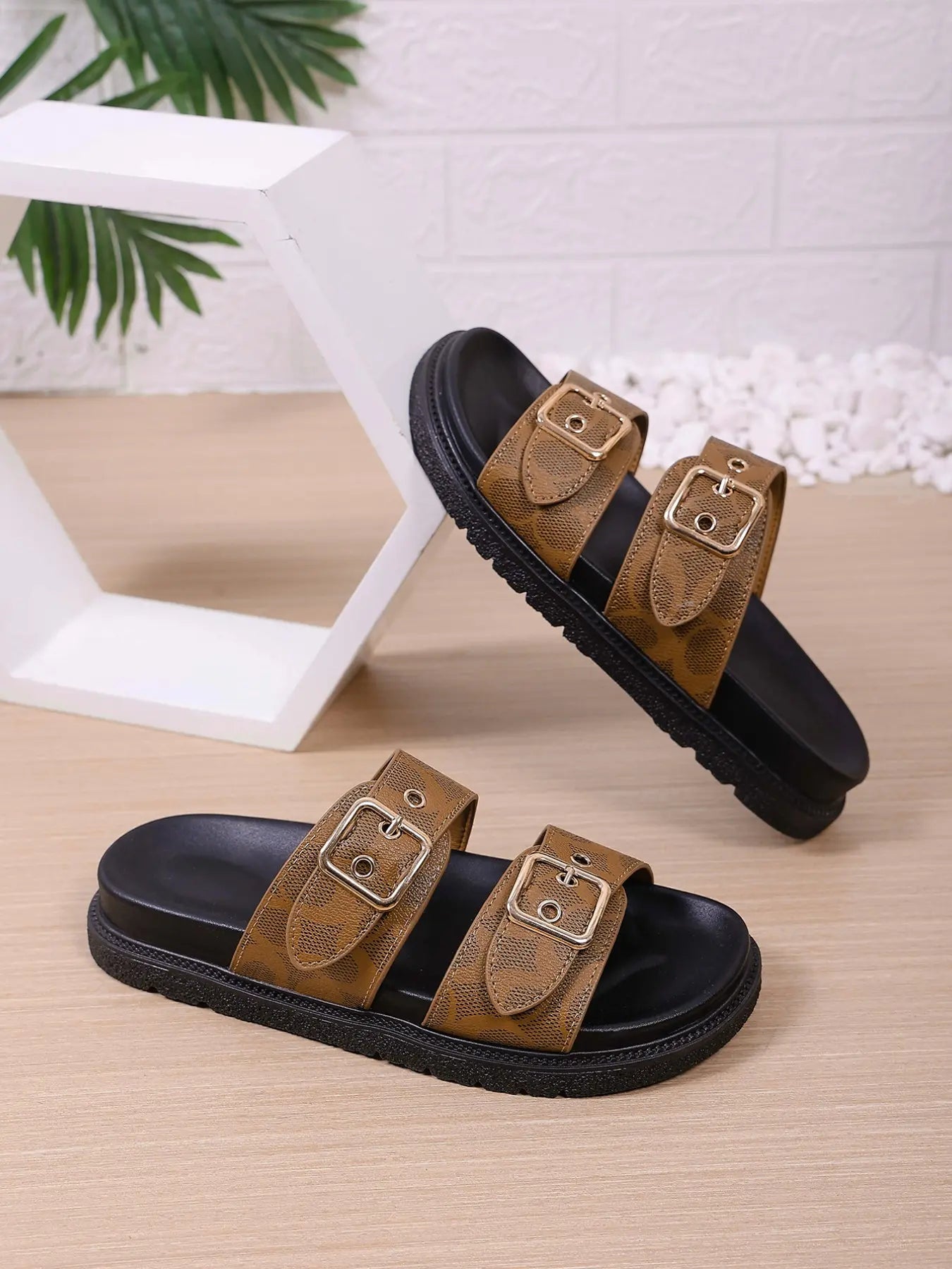 Women'S Fashion Thick Sole Rubber Print Sandals, Dual Buckle Design Slippers, Casual Comfortable, Ideal for Daily Wear, Beach Vacation, Commute