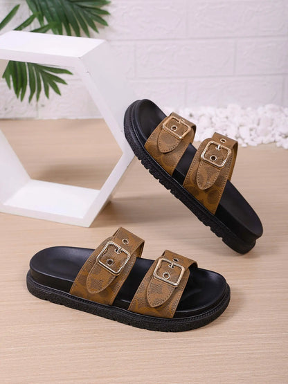 Women'S Fashion Thick Sole Rubber Print Sandals, Dual Buckle Design Slippers, Casual Comfortable, Ideal for Daily Wear, Beach Vacation, Commute