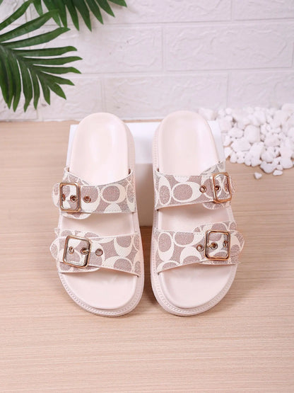 Women'S Fashion Thick Sole Rubber Print Sandals, Dual Buckle Design Slippers, Casual Comfortable, Ideal for Daily Wear, Beach Vacation, Commute