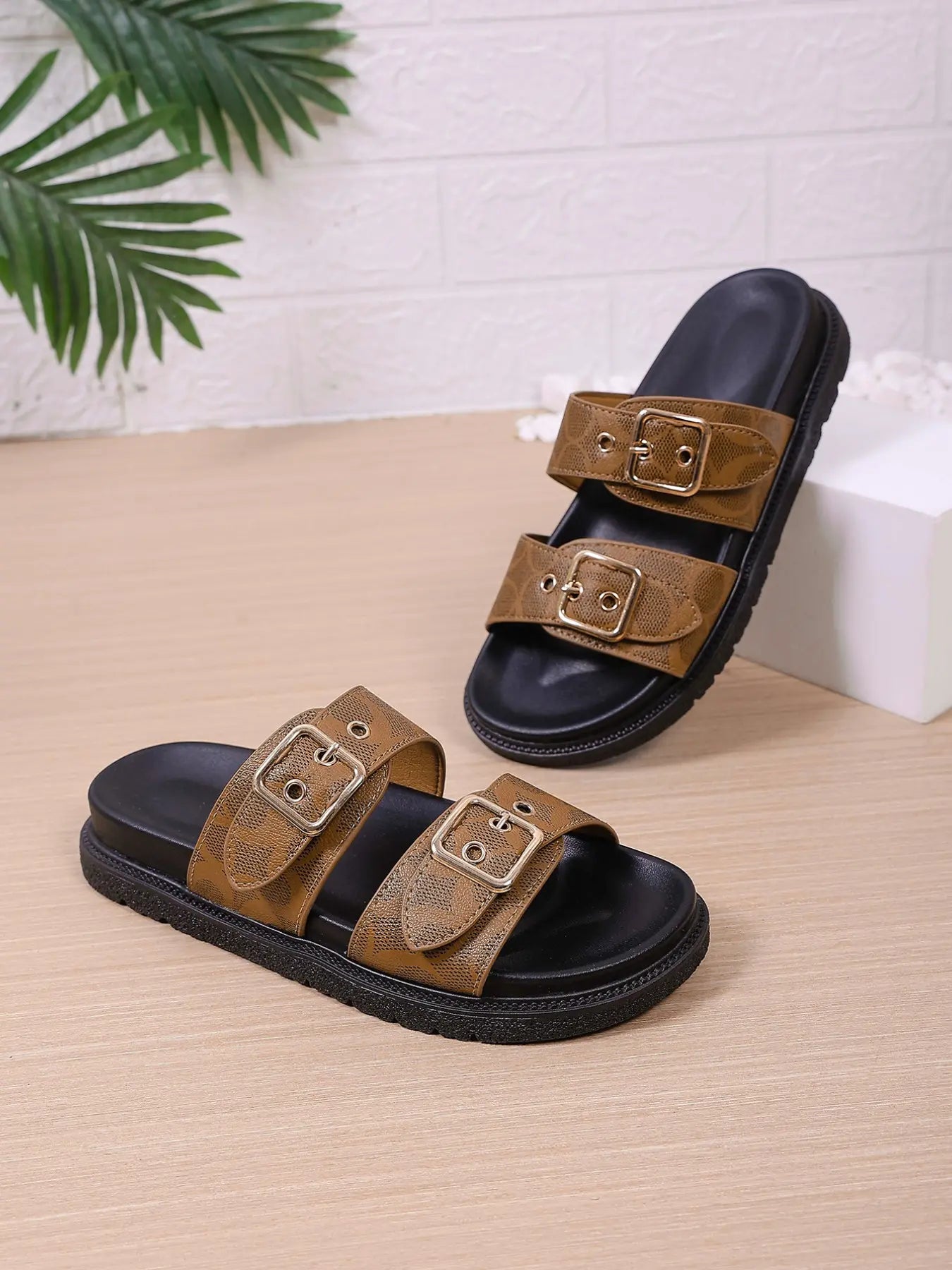 Women'S Fashion Thick Sole Rubber Print Sandals, Dual Buckle Design Slippers, Casual Comfortable, Ideal for Daily Wear, Beach Vacation, Commute