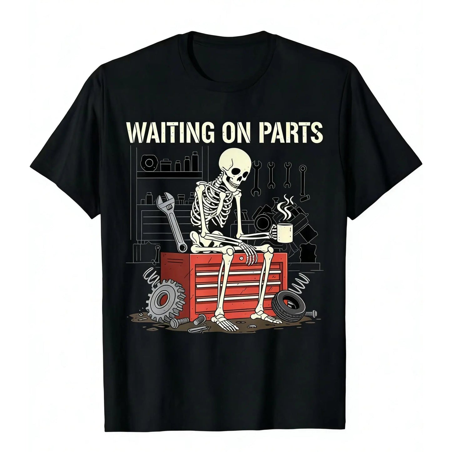 Waiting on Parts Funny Skeleton Auto Mechanic Technician T-Shirt for Men Women Couple | Trendy Tops Short Sleeve, Street Style, Comfort Tee, Casual Summer Tee, Must-Have Fashionable Tee