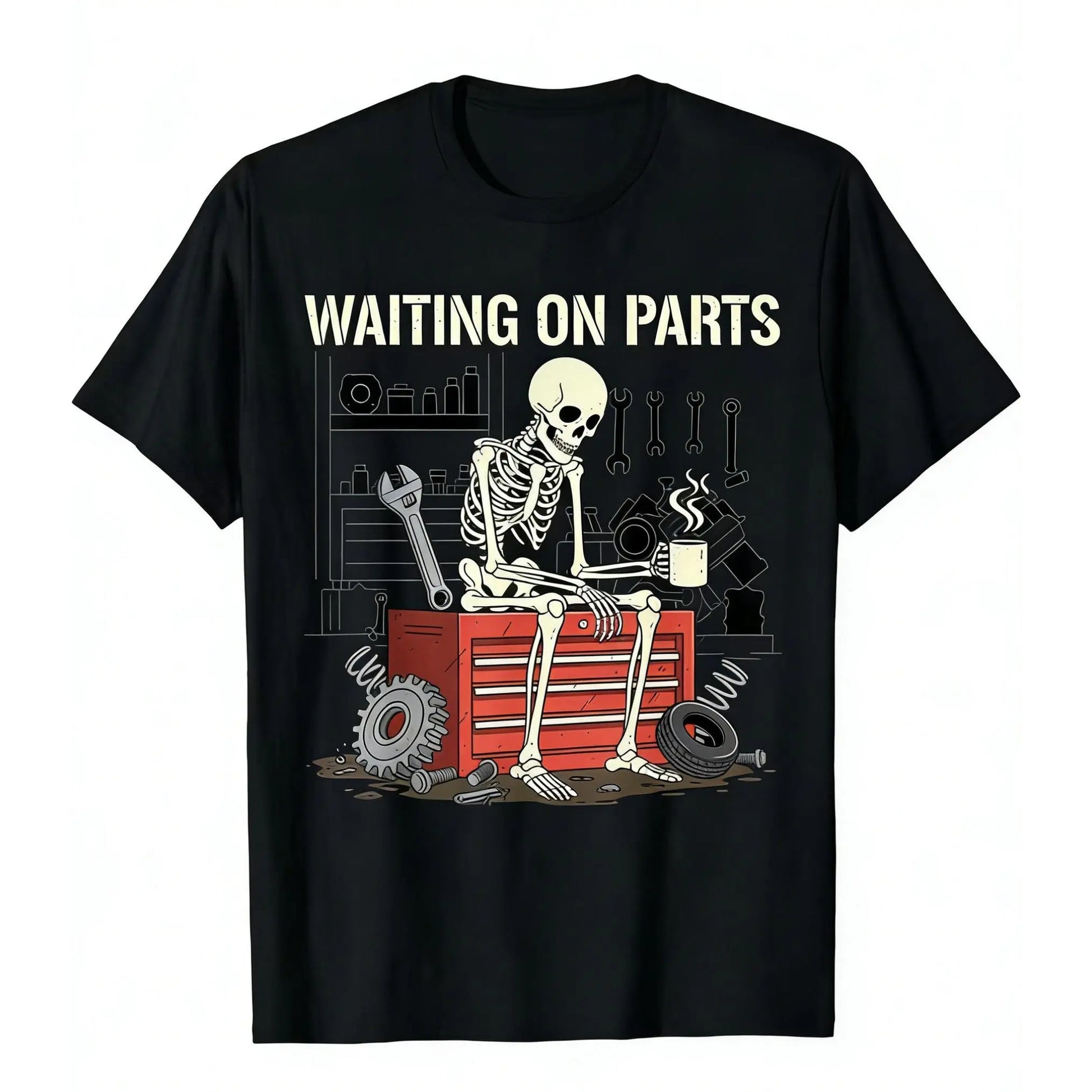 Waiting on Parts Funny Skeleton Auto Mechanic Technician T-Shirt for Men Women Couple | Trendy Tops Short Sleeve, Street Style, Comfort Tee, Casual Summer Tee, Must-Have Fashionable Tee