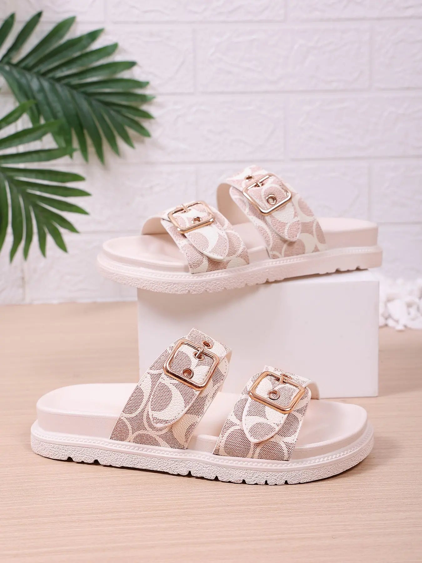 Women'S Fashion Thick Sole Rubber Print Sandals, Dual Buckle Design Slippers, Casual Comfortable, Ideal for Daily Wear, Beach Vacation, Commute